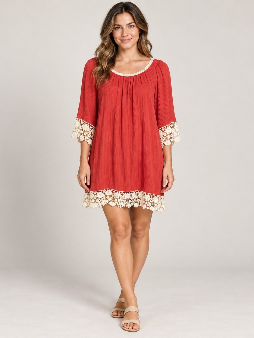 Umgee Coral Crochet Lace Trim Boho Tunic Dress Medium A309
